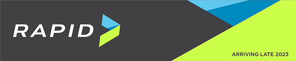 Banner of RAPID with grey, blue, and neon green with text in corner that reads "arriving late 2023."