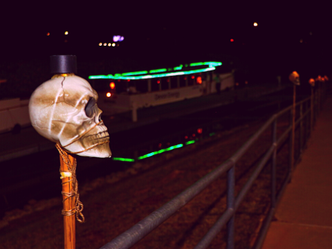Skull on a stick in front of the Oklahoma River landing at night during Haunt the River.